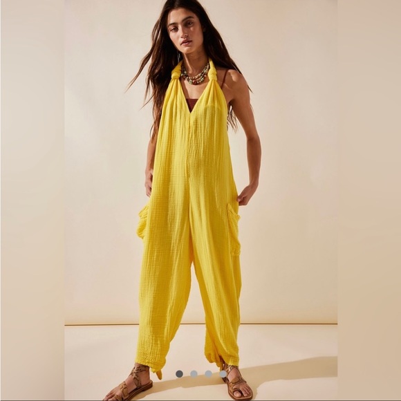 Free People Free-est Knot It Up Low Back Jumpsuit Halter Bohemian Gauze Yellow - Picture 3 of 12